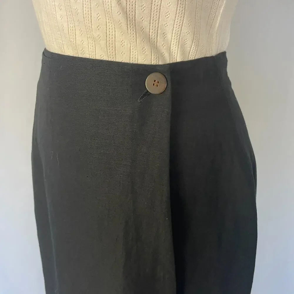 Vintage Pencil Skirt Size 6 Black Solid Faux Wrap Linen Minimal Academia Preppy